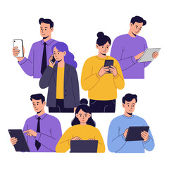 People Connecting with Technology Devices Illustration
