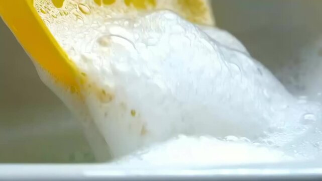 Bright yellow object submerged in a basin filled with white soap bubbles and clear water, seen close-up