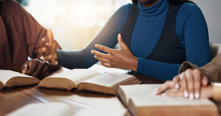Hands, explain and woman with group for Bible study, worship or learning gospel for religion....