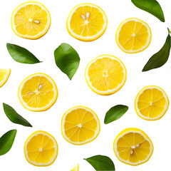 Fototapeta premium Vibrant lemon slices and fresh green leaves create a captivating pattern against a black backdrop, evoking a sense of freshness, transparent background