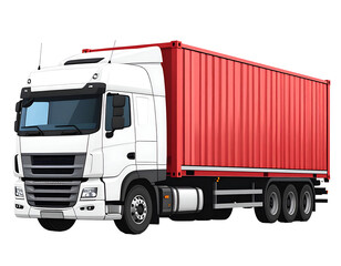 A large white truck pulling a red cargo container
