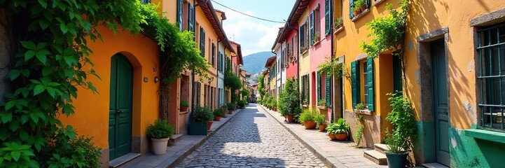 Fototapeta premium Charming cobblestone street in a quaint European city, lined with colorful buildings and lush greenery Perfect for travel, tourism, and city life imagery , landscape, cobblestone, photogenic