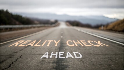 Blurred highway stretching into distance with bold “Reality Check Ahead ” text painted on road surface
