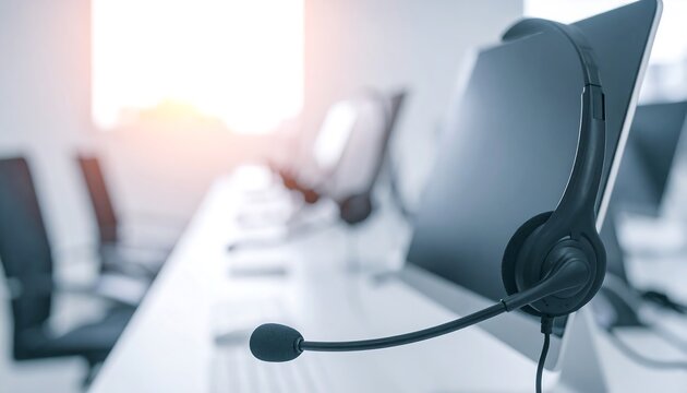 Headset on computer in bright call center.