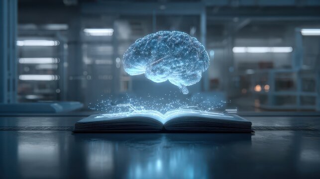 Glowing blue holographic brain floats above an open book in a futuristic lab, symbolizing AI, learning, and digital knowledge.