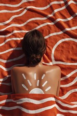 Woman tanning on patterned towel with white sunscreen painted as a rising sun on her back, representing sun protection and summer vibes.