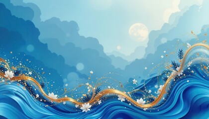 Beautiful digital wallpaper featuring waves, flowers, and a serene blue sky