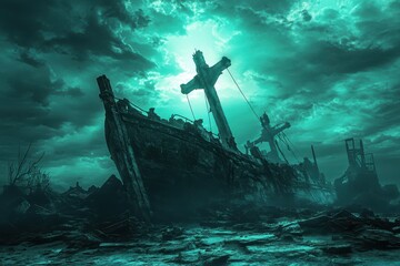Naklejka premium Spectral shipwreck graveyard under eerie skies with ghostly ship remnants and haunting atmosphere, Spectral Shipwreck Graveyard Anime or digital painting style