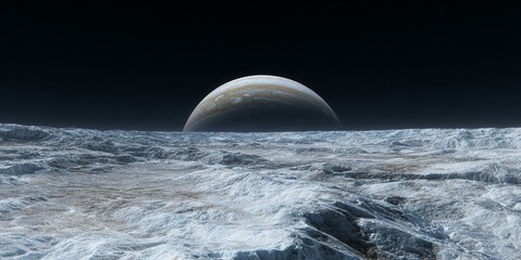 view of jupiter from the surface of ice covered moon Europa Generated image