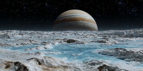 view of jupiter from the surface of ice covered moon Europa Generated image