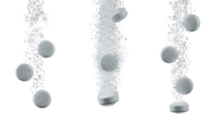 Effervescent tablets dissolving in water with bubbles isolated PNG with Transparent Background