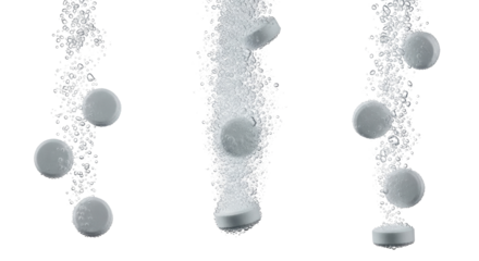 Effervescent tablets dissolving in water with bubbles isolated PNG with Transparent Background