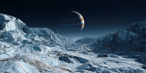 view of jupiter from the surface of ice covered moon Europa Generated image