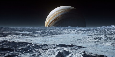 view of jupiter from the surface of ice covered moon Europa Generated image