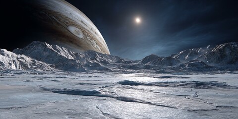 view of jupiter from the surface of ice covered moon Europa Generated image