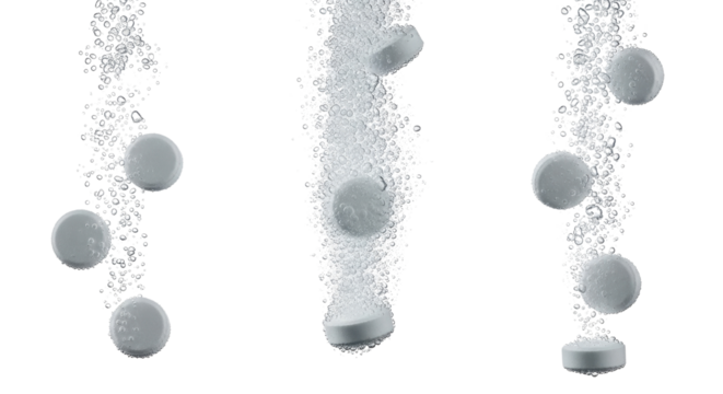 Effervescent tablets dissolving in water with bubbles isolated PNG with Transparent Background