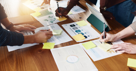 Collaboration, documents and hands of business people in office boardroom for meeting or planning....