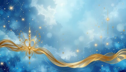 Elegant blue abstract background with golden accents and flowing ribbon design for screens