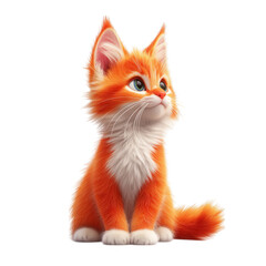 Adorable fluffy orange kitten with big blue eyes sitting and looking upwards with curiosity isolated on transparent background