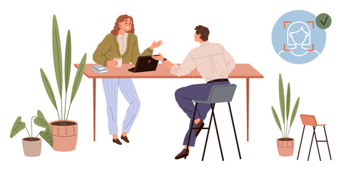 Two colleagues discuss work at a table with a laptop, coffee mugs, and plants nearby. Ideal for teamwork, coworking, collaboration, digital security, tech discussions, professional talks simple flat