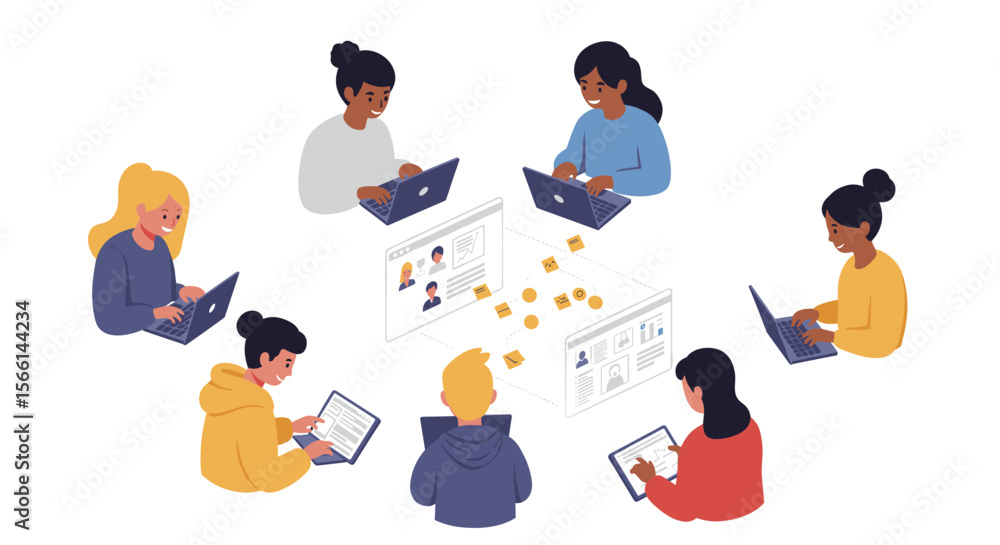 Poster collaborative online learning environment vector illustration for educational design and teamwork co