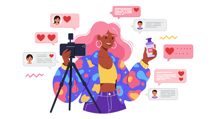 Influencer marketing vector illustration: social media engagement for product promotion, flat style design for content creators