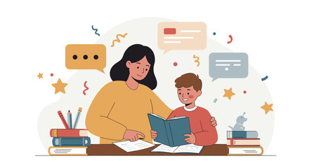 Parent and child reading together in learning environment vector illustration for educational design
