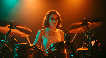 Female drummer performing on stage with drums illuminated by vibrant colorful lighting in a live concert setting.