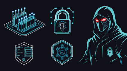 Cybersecurity Hacker with Glowing Red Eyes and Security Icons on Dark Background