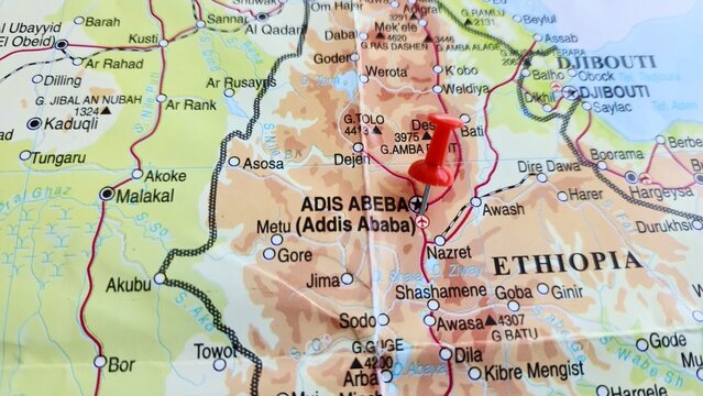 View of Addis Ababa, is the capital city of Ethiopia, as well as the regional state of Oromia, on a geographical map of Africa, marked with red push pin