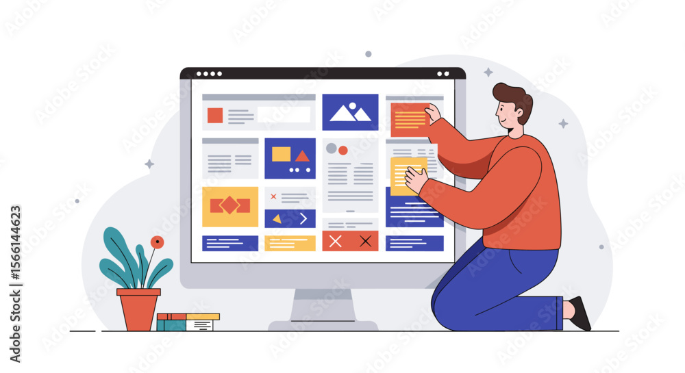 Fototapete Website development concept with designer at computer screen - flat vector illustration for digital design and web projects
