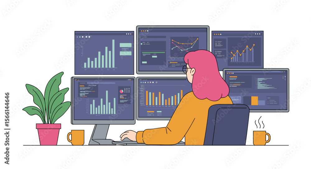 Poster data analysis modern workspace with multiple screens vector illustration