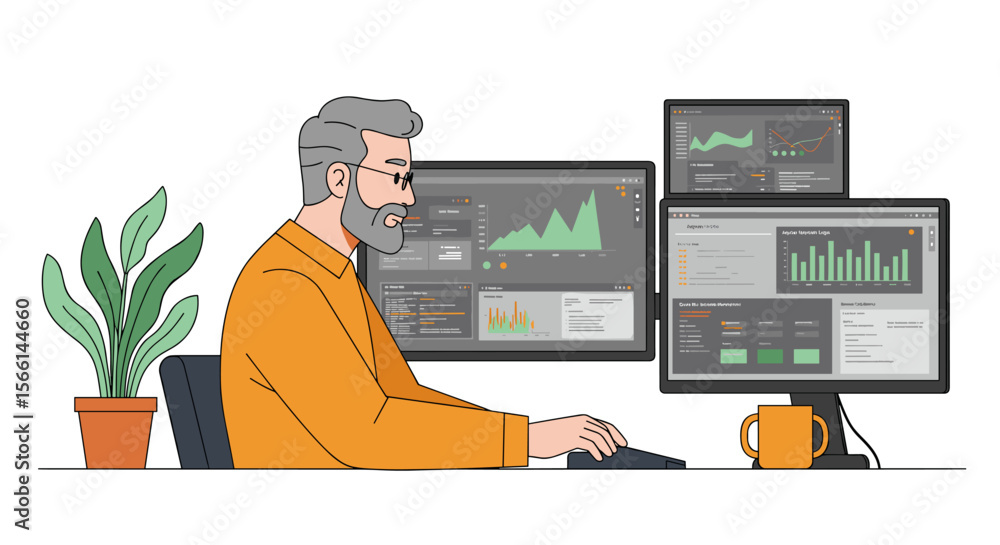 Poster professional analyst at work in modern office with computer screens and data graphs - vector illustr
