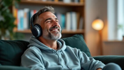 Happy Middle Aged Man Enjoying Music Wearing Headphones While Relaxing on a Couch