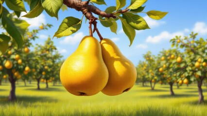 Two ripe yellow pears hang from a tree branch in a sunlit orchard