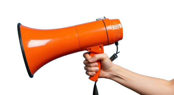 Hand holding orange megaphone isolated PNG with Transparent Background