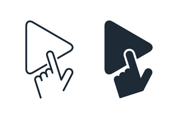 Finger click play button. Start audio or video action media symbol. Vector linear icon illustration isolated on white background.
