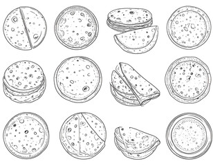 Collection of hand-drawn flatbread variations