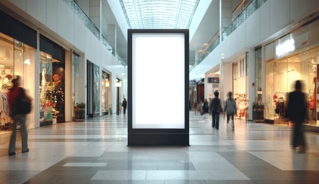 A spacious, modern shopping mall corridor with illuminated storefronts and a large blank digital advertising screen at the center.