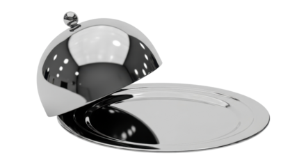 Silver serving tray with dome lid slightly open isolated PNG with Transparent Background