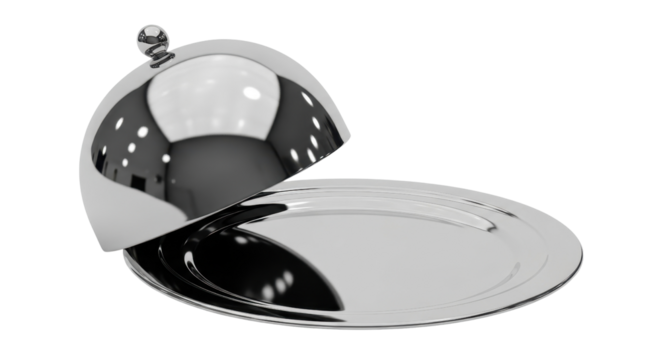 Silver serving tray with dome lid slightly open isolated PNG with Transparent Background