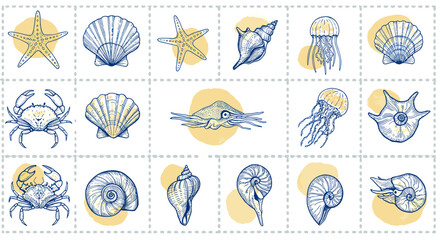 Nautical marine life vector illustration with seashells, starfish, and crabs in hand drawn style for design projects