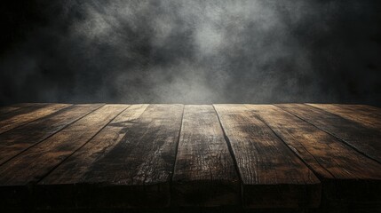 Dramatic wooden surface with atmospheric fog and dark background for product display
