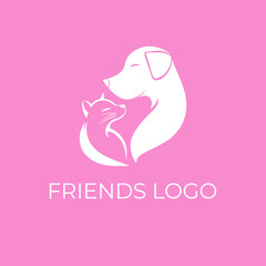 Vector illustration of a dog and cat forming a heart shape on a pink background, symbolizing friendship and companionship, perfect for pet-related designs and branding.