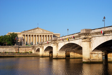 The Bourbon palace and the Concorde bridge in the 7th arrondissement of Paris city