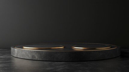 Elegant black stone pedestal with gold accents on a dark background