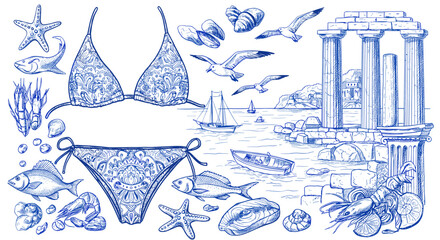Coastal summer design vector illustration with sea creatures and ancient ruins in blue line art