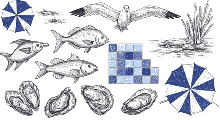 Nautical elements vector illustration: marine life and beach umbrellas for ocean-themed designs