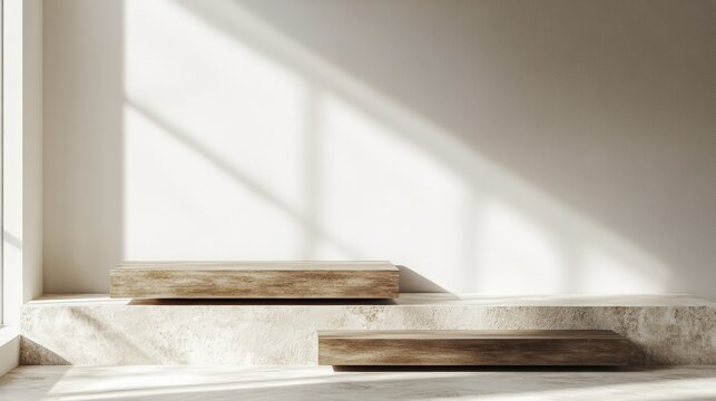 Elegant Minimalist Scene with Wooden Platforms and Natural Light Showcasing Product Potential