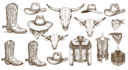 Western cowboy apparel and accessories vector illustration with vintage style for design and print